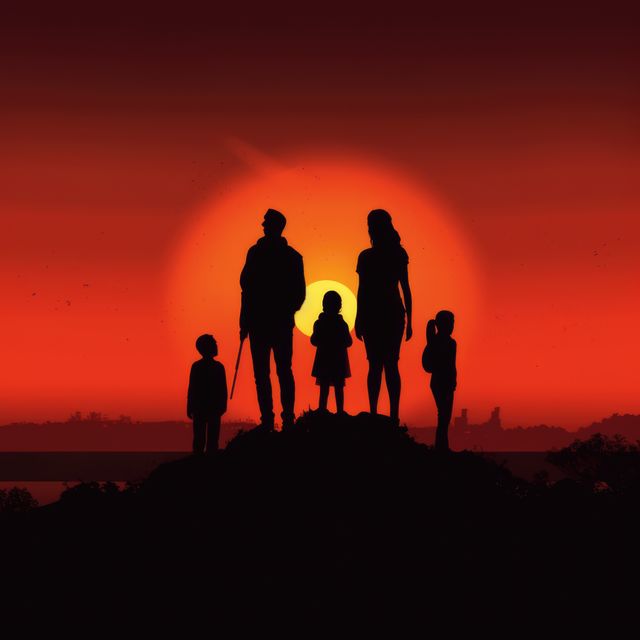 Silhouette of couple with three children at sunset, created using generative ai technology. Sunset family silhouette and nature concept digitally generated image.