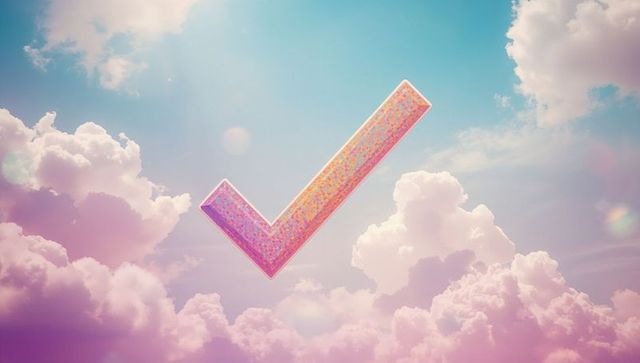 3d mosaic checkmark floating in dreamy sky with pastel clouds