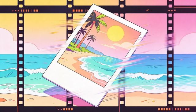 Sliding polaroid crossing film-strip frames showing tropical beach sunset retro glow