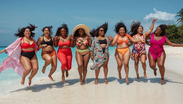 Plus-size friends jumping on tropical beach smiling in colorful swimwear and straw sunhat