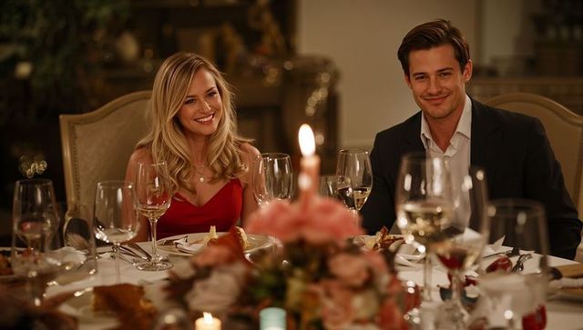 Romantic candlelit dinner couple in elegant formalwear enjoying wine and luxury ambience