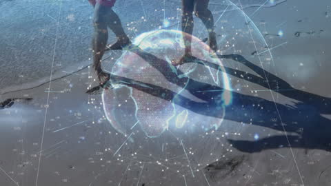 Couple Walking Beach with Digital Global Network Overlay