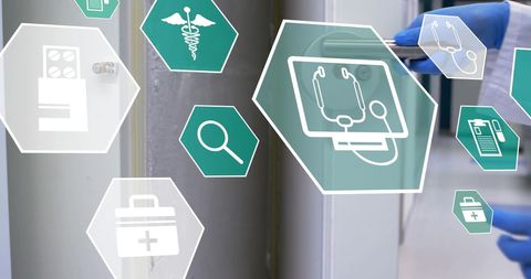 Innovative medical icons with data overlay in laboratory setting