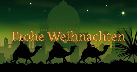 Frohe weihnachten text with three kings in nativity scene