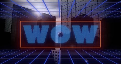 Retro Futuristic WOW Text Over Digital Cityscape