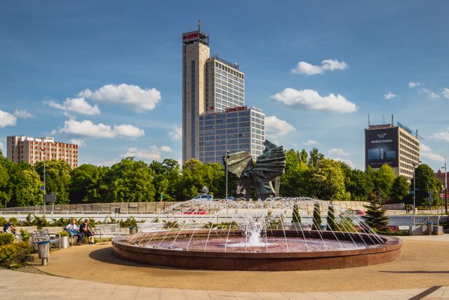 Cityscape with Modern Buildings and Fountain in Urban Park - Download Free Stock Images Pikwizard.com