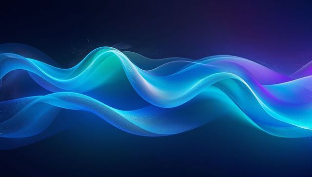 Flowing Cyan Teal Ribbon Waves Glowing with Particle Trails Abstract Digital Background