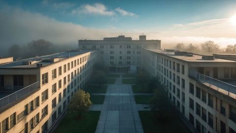 Symmetrical educational complex with courtyard amid morning haze