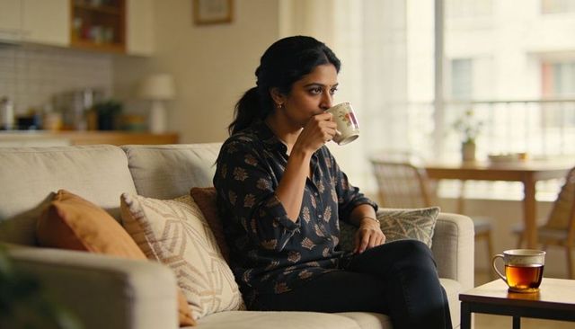 Indian woman sipping tea on beige sofa in cozy sunlit living room, morning calm