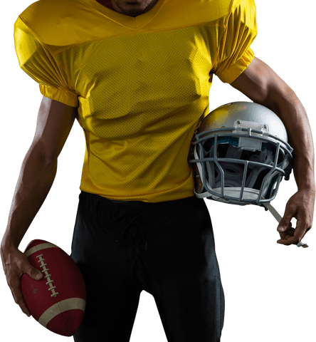 Transparent mid section of male athlete holding football and helmet