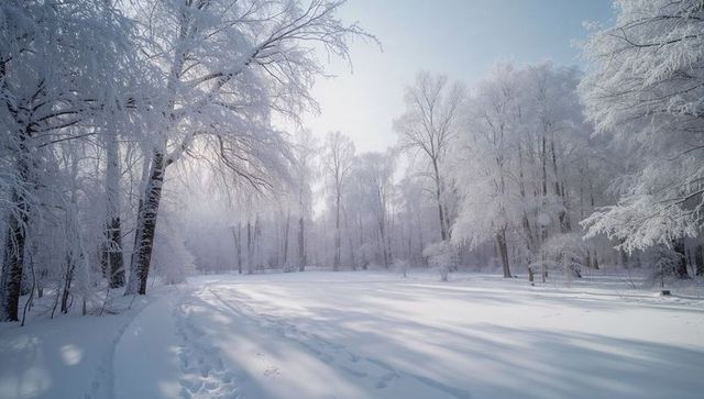 Sunlit Frosty Birch Forest Clearing with Footprints and Long Tree Shadows in Winter Park