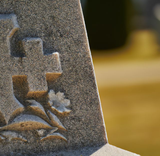 Close up of gray tombstone on cemetery over blurred background. Memorial, faith and cemetery concept.