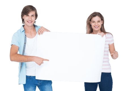 Transparent background hipster couple holding blank poster together