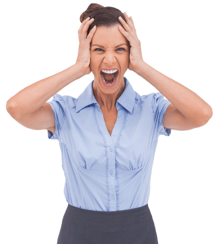 Transparent stressed businesswoman with hand on head expressing frustration