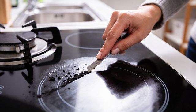 Hand scraping burnt residue from ceramic cooktop with razor blade close-up for cleaning guide