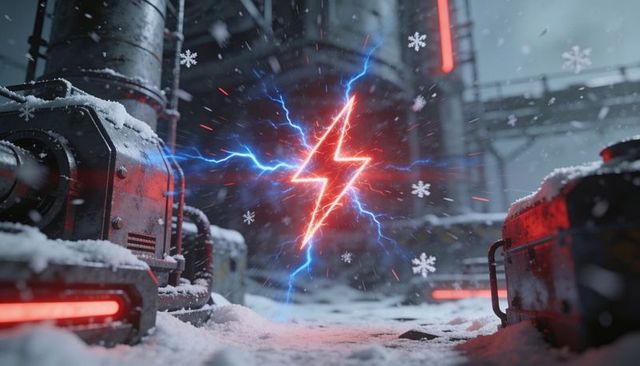 Glowing neon bolt hovering over snowy industrial plant emitting electric blue arcs