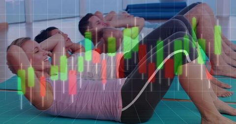 Group Doing Core Workout with Stock Market Candlestick Chart Overlay