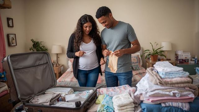Expectant couple packing hospital bag together in cozy bedroom before baby arrival