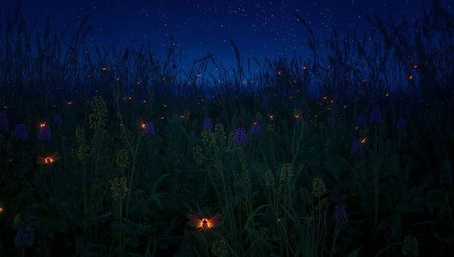 Moonlit meadow glowing with amber moths and fireflies among purple wildflowers