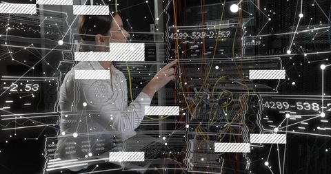 IT technician inspecting network rack with AR data overlays and patch cable management
