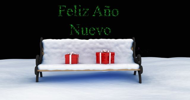 Feliz Año Nuevo text over snow-covered bench holding gifts at night - Download Free Stock Images Pikwizard.com