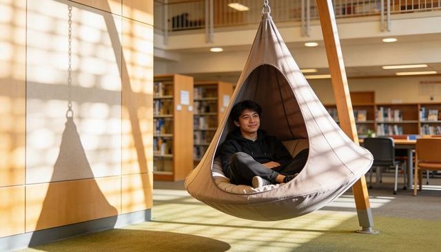Teen relaxing in hanging cocoon chair in sunlit library lounge with bookshelves