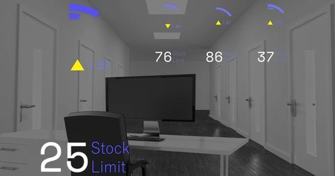 Office desk with stock market data interface overlay