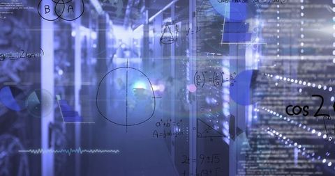 Abstract digital cybersecurity concept with server racks and overlays