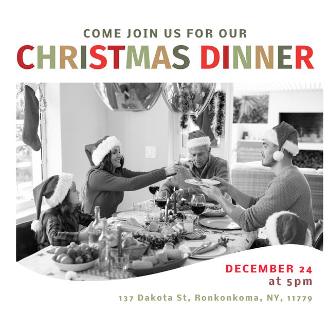 Image shows a joyful caucasian family gathered for a Christmas dinner, wearing Santa hats and festive attire. Perfect for promoting holiday dinners, family gatherings, seasonal greetings, and festive events. Ideal for invitations, social media posts, and holiday-themed marketing materials.