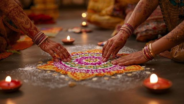 Women creating rangoli with diyas in cultural festive setting