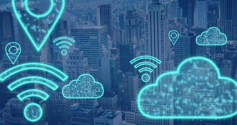 Futuristic Digital Overlay of Urban Connectivity with Neon Symbols