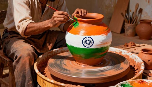 Artisan painting indian tricolor pot on pottery wheel with ashoka chakra motif