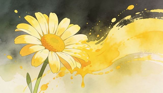 Yellow daisy blooming with ink wash and golden watercolor splash, abstract floral art