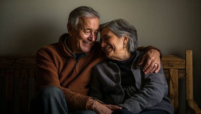Senior couple sharing warm embrace on wooden bench, smiling and leaning close