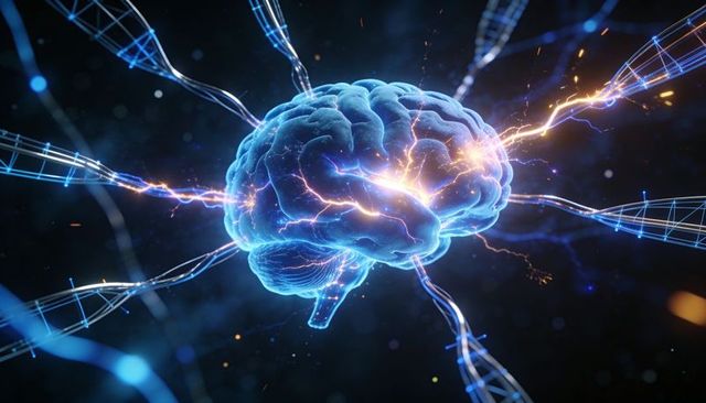 Glowing neural network brain emitting electric signals with dna-like cables and particles