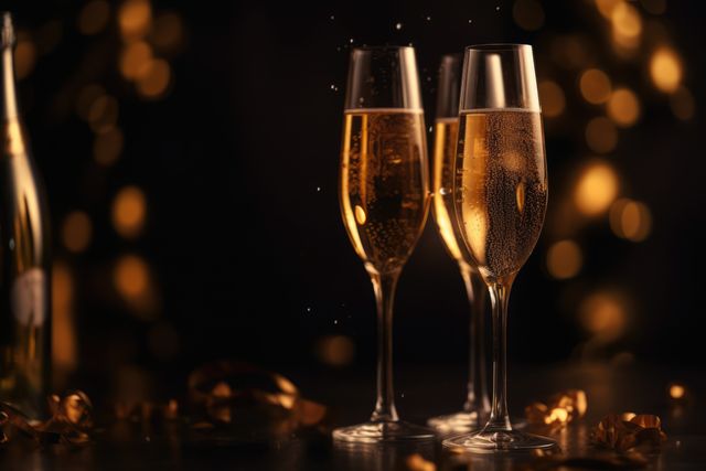 Elegant Champagne Flutes with Bokeh Lights Celebrating Festive Occasion - Download Free Stock Images Pikwizard.com