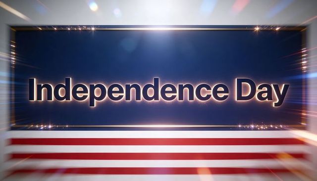 Illuminated independence day backdrop with gold trim, navy panel and flag stripes
