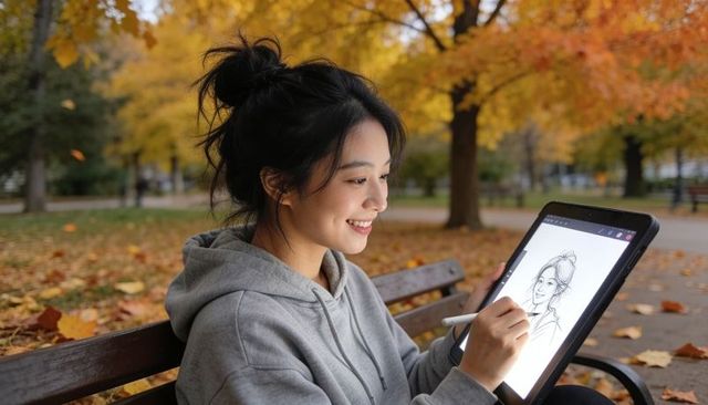 Young woman drawing on tablet in autumn park using stylus while sitting on bench