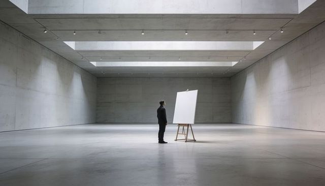 Solitary man contemplating blank canvas in vast minimalist concrete gallery