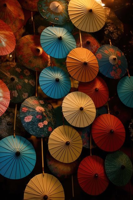 Colourful and patterned chinese umbrellas, created using generative ai technology. Protection, weather, decoration and chinese culture concept digitally generated image.