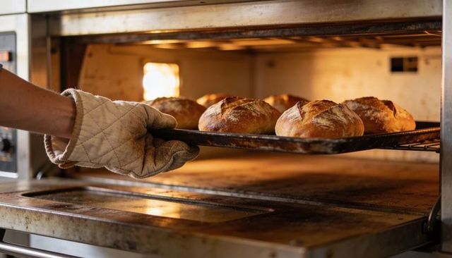 Pulling tray of golden artisan sourdough loaves from commercial oven