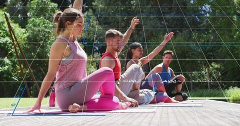 Outdoor group stretching with grid overlay, yoga teamwork and wellness analytics in sunny park