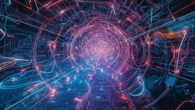 Futuristic Neon Tunnel of Digital Rings and Glowing Circuits