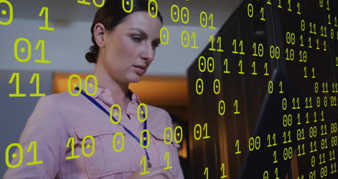 Businesswoman in Server Room with Binary Data Overlay