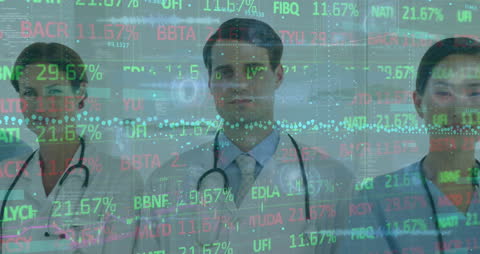 Diverse Doctors with Financial Data Overlay Depicting Modern Healthcare Trends