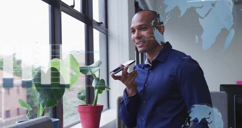 Businessman Speaking via Smartphone, Digital Interface Overlay