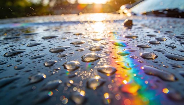 Sunrise Rainbow on Wet Car Hood with Water Droplets, Iridescent Bokeh and Metallic Shine