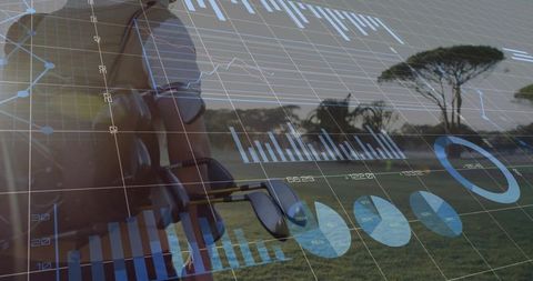 Golf enthusiast analyzing game stats digital overlay concept