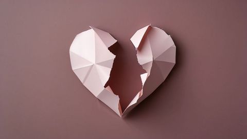 Torn paper heart on mauve background conveying relationships and emotions