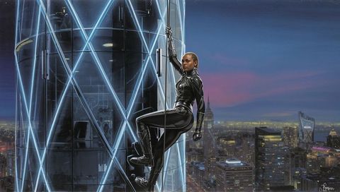 Scaling glass skyscraper at twilight in black tactical bodysuit holding rope harness